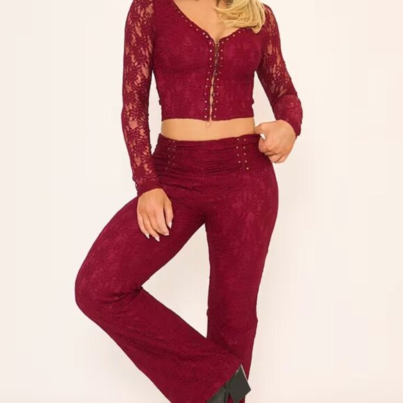 Fold Over Waistband Stud Detail Flared Leg Trousers In Burgundy Lace - Picture 2 of 4